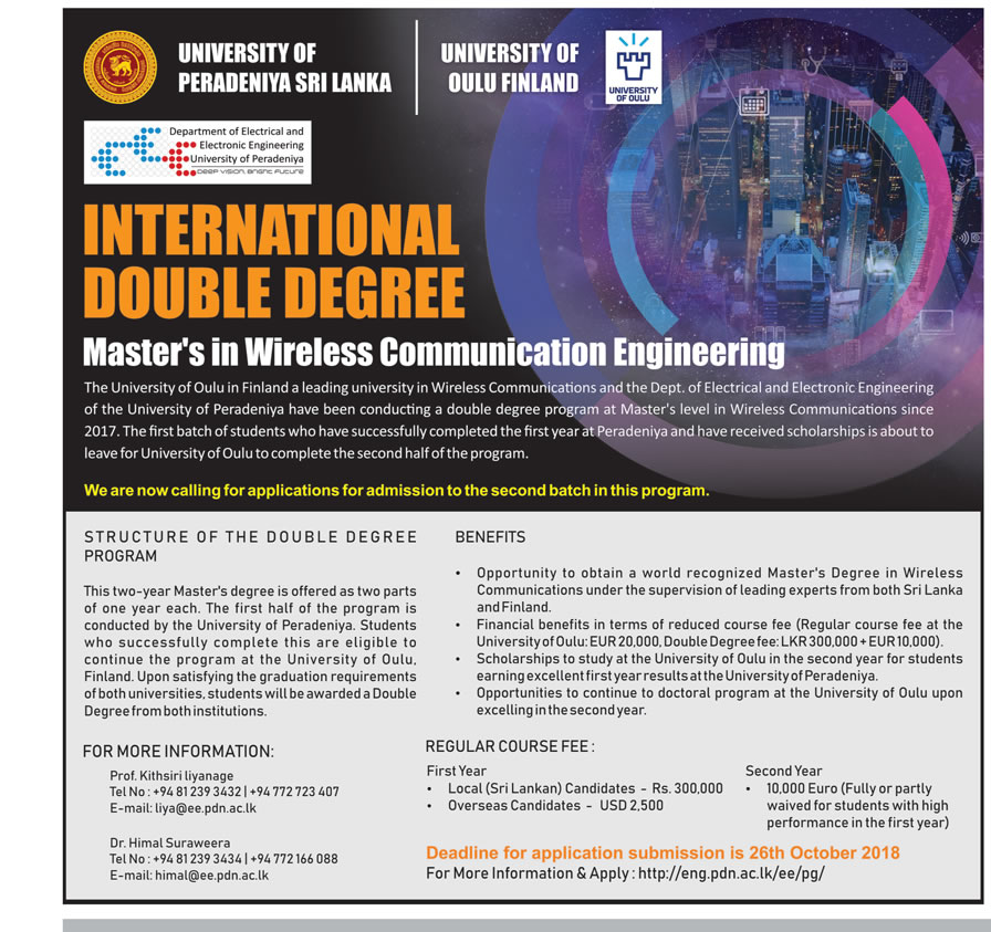 Masterâ€™s in Wireless Communication Engineering - University of Peradeniya